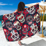 White Red Sugar Skull Pattern Print Beach Sarong Wrap