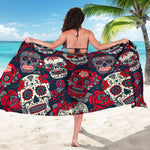 White Red Sugar Skull Pattern Print Beach Sarong Wrap