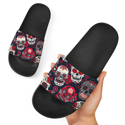 White Red Sugar Skull Pattern Print Black Slide Sandals