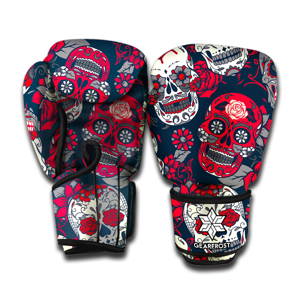 White Red Sugar Skull Pattern Print Boxing Gloves