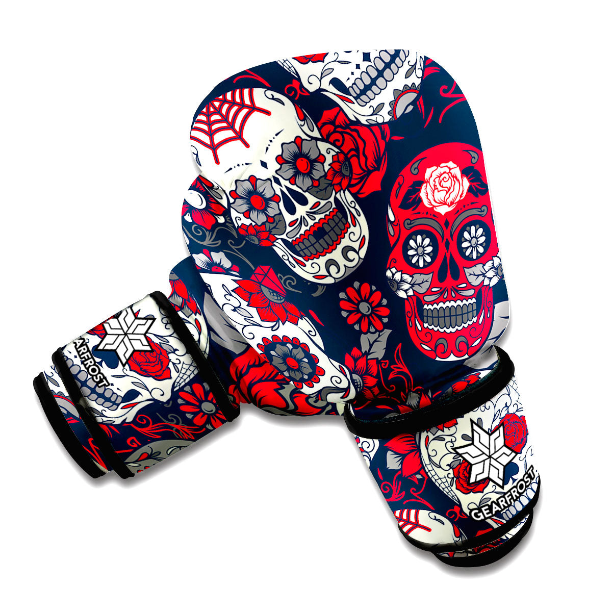 White Red Sugar Skull Pattern Print Boxing Gloves