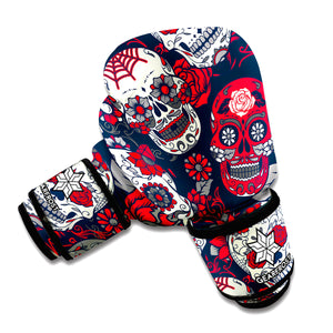 White Red Sugar Skull Pattern Print Boxing Gloves