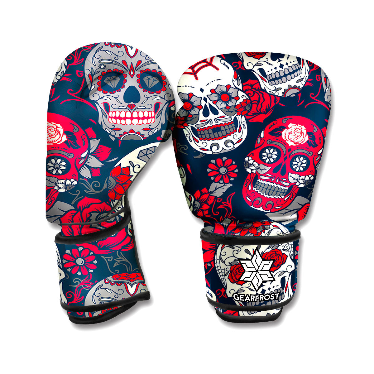 White Red Sugar Skull Pattern Print Boxing Gloves