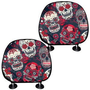 White Red Sugar Skull Pattern Print Car Headrest Covers