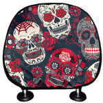 White Red Sugar Skull Pattern Print Car Headrest Covers