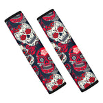 White Red Sugar Skull Pattern Print Car Seat Belt Covers