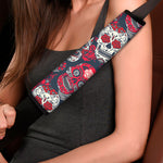 White Red Sugar Skull Pattern Print Car Seat Belt Covers