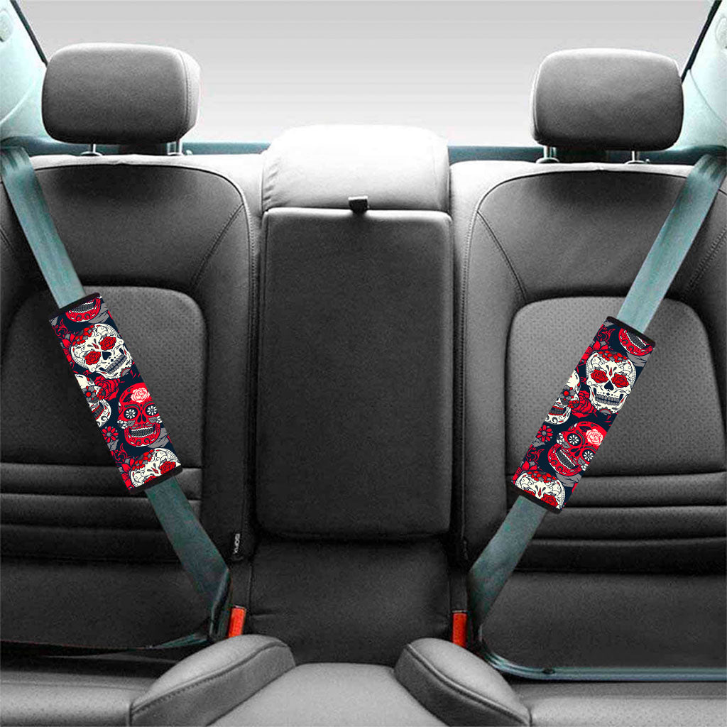 White Red Sugar Skull Pattern Print Car Seat Belt Covers