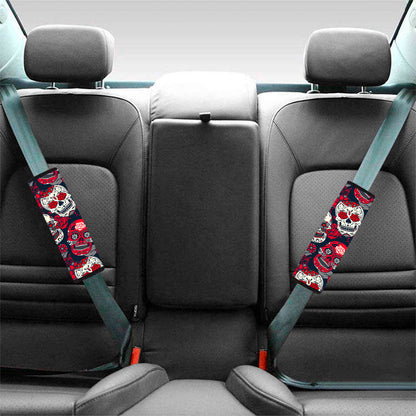 White Red Sugar Skull Pattern Print Car Seat Belt Covers
