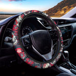 White Red Sugar Skull Pattern Print Car Steering Wheel Cover