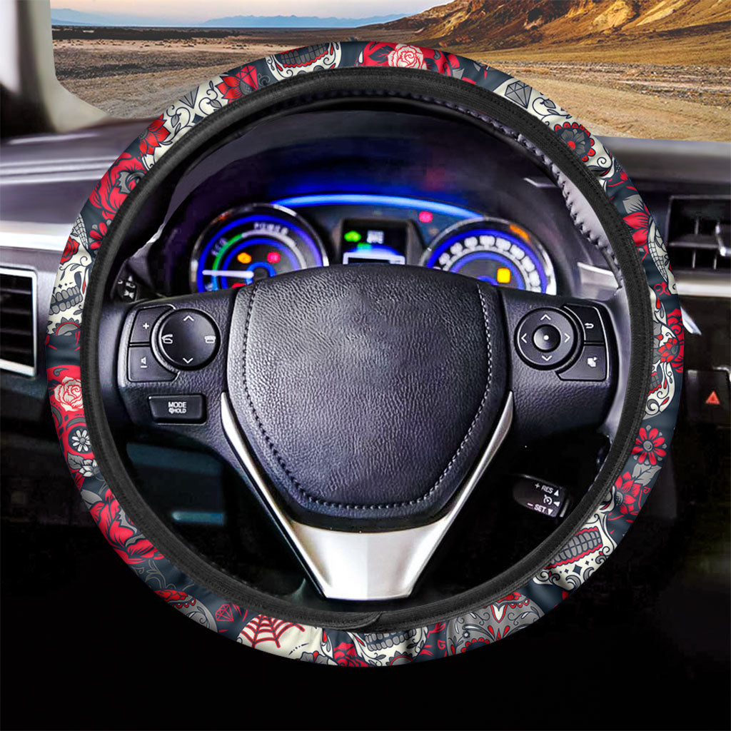 White Red Sugar Skull Pattern Print Car Steering Wheel Cover