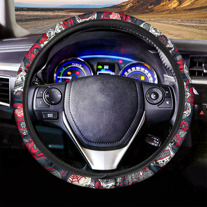 White Red Sugar Skull Pattern Print Car Steering Wheel Cover