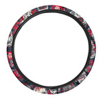 White Red Sugar Skull Pattern Print Car Steering Wheel Cover