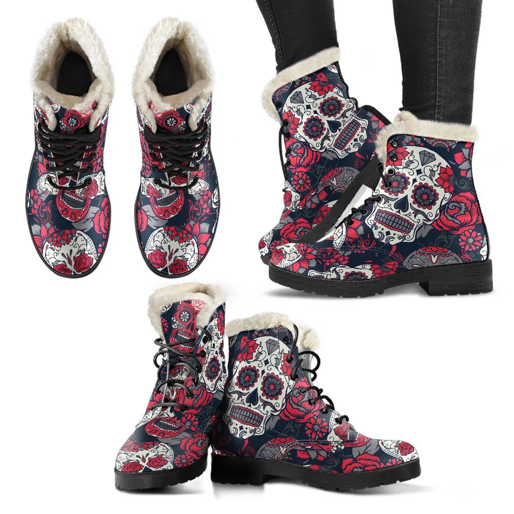 White Red Sugar Skull Pattern Print Comfy Boots GearFrost