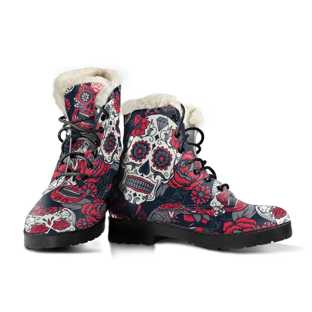 White Red Sugar Skull Pattern Print Comfy Boots GearFrost