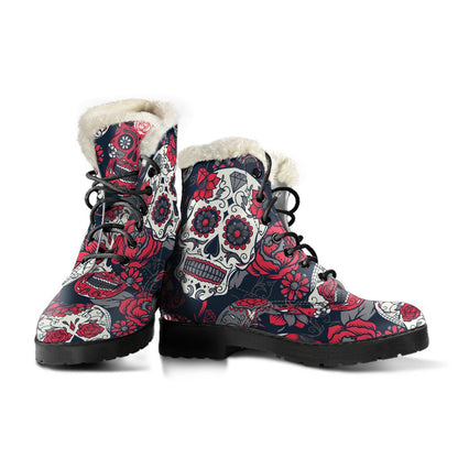 White Red Sugar Skull Pattern Print Comfy Boots GearFrost