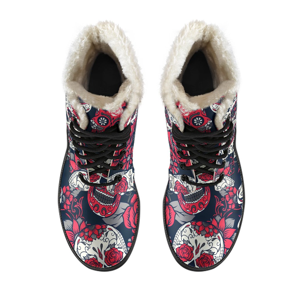 White Red Sugar Skull Pattern Print Comfy Boots GearFrost
