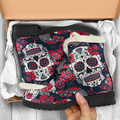 White Red Sugar Skull Pattern Print Comfy Boots GearFrost