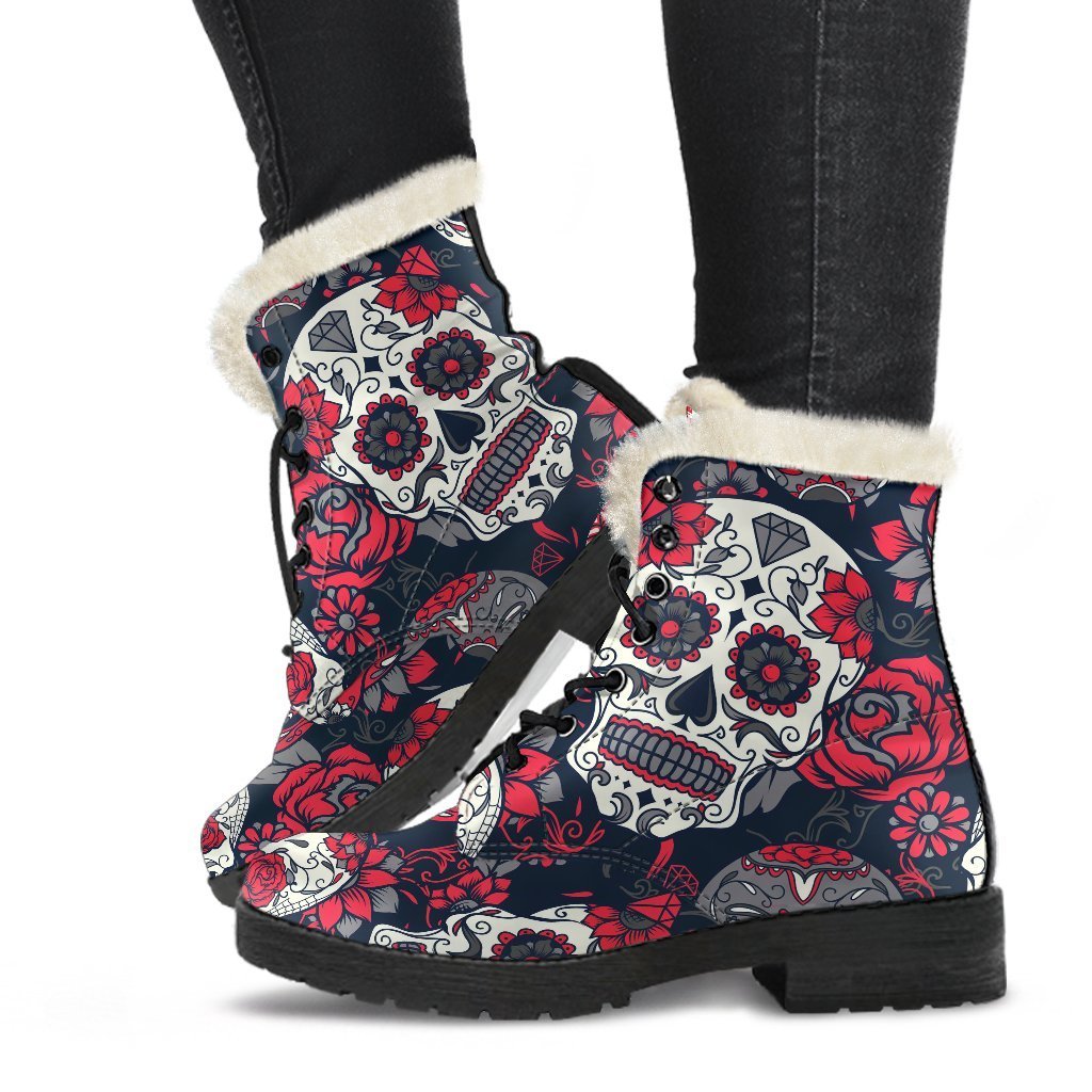 White Red Sugar Skull Pattern Print Comfy Boots GearFrost