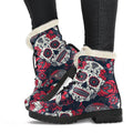 White Red Sugar Skull Pattern Print Faux Fur Leather Boots