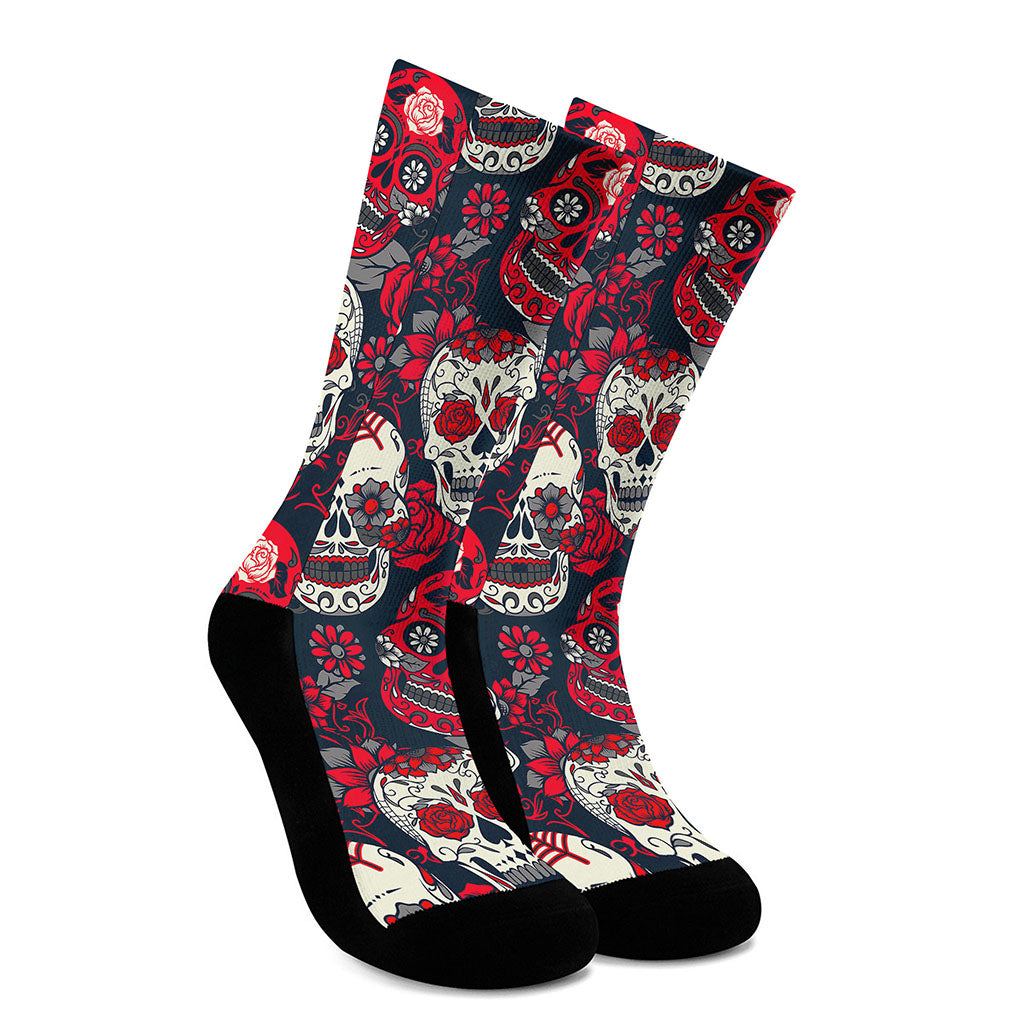 White Red Sugar Skull Pattern Print Crew Socks