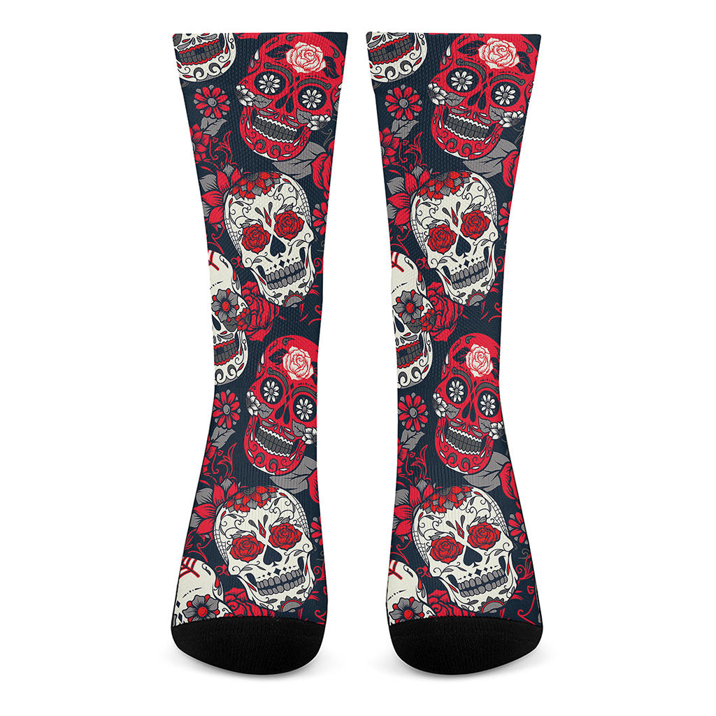 White Red Sugar Skull Pattern Print Crew Socks