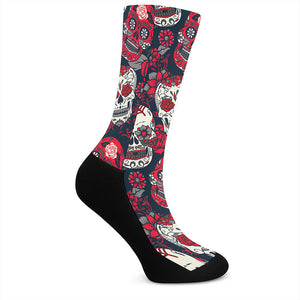 White Red Sugar Skull Pattern Print Crew Socks