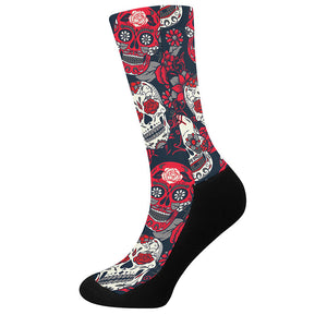 White Red Sugar Skull Pattern Print Crew Socks