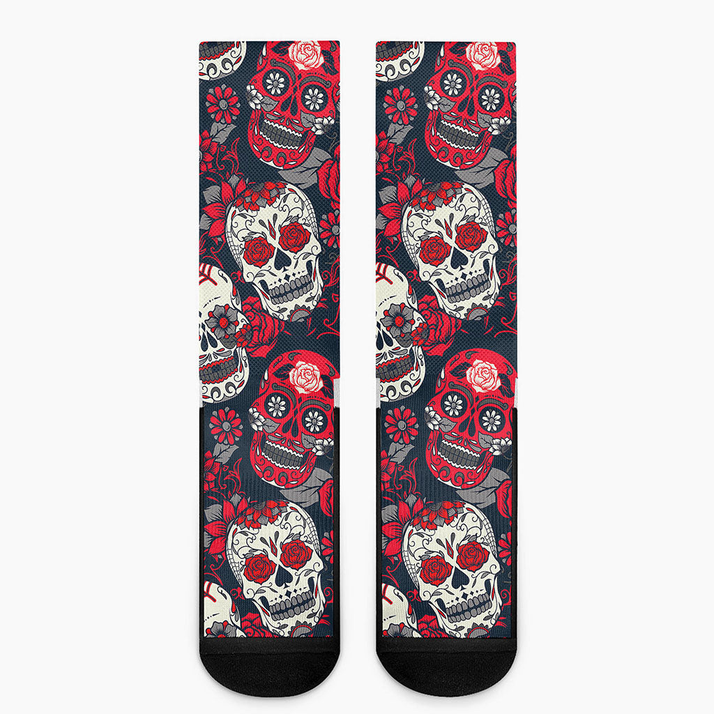 White Red Sugar Skull Pattern Print Crew Socks