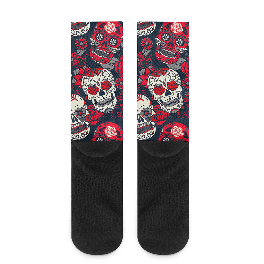 White Red Sugar Skull Pattern Print Crew Socks