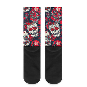 White Red Sugar Skull Pattern Print Crew Socks