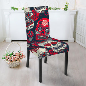 White Red Sugar Skull Pattern Print Dining Chair Slipcover