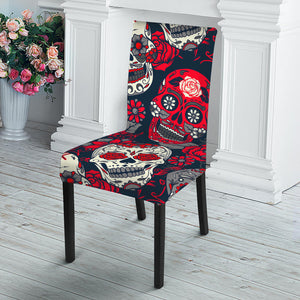 White Red Sugar Skull Pattern Print Dining Chair Slipcover