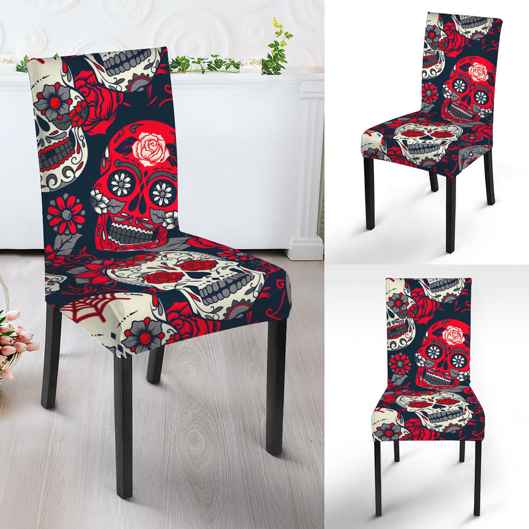 White Red Sugar Skull Pattern Print Dining Chair Slipcover