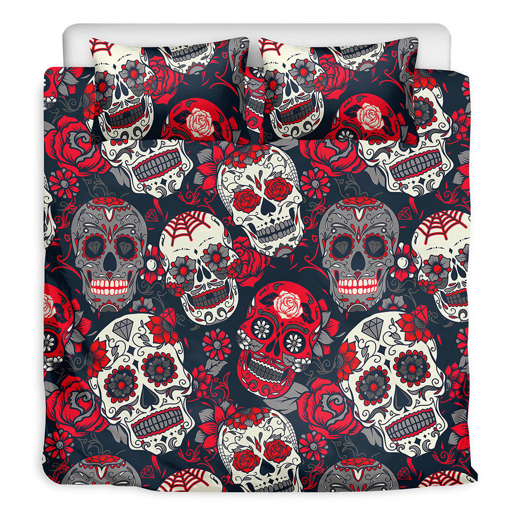 White Red Sugar Skull Pattern Print Duvet Cover Bedding Set