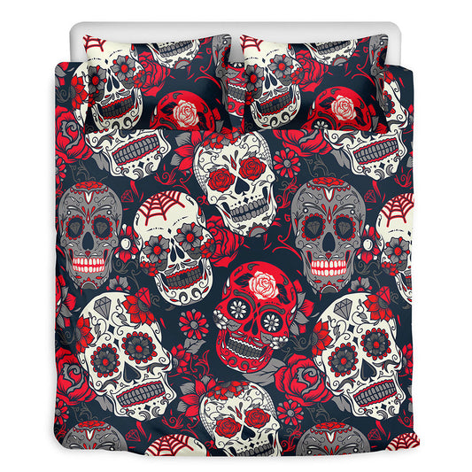 White Red Sugar Skull Pattern Print Duvet Cover Bedding Set