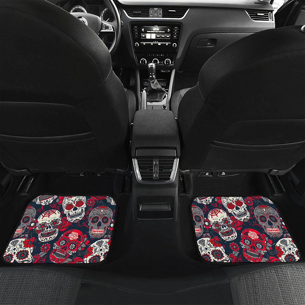White Red Sugar Skull Pattern Print Front and Back Car Floor Mats