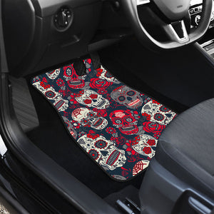 White Red Sugar Skull Pattern Print Front and Back Car Floor Mats