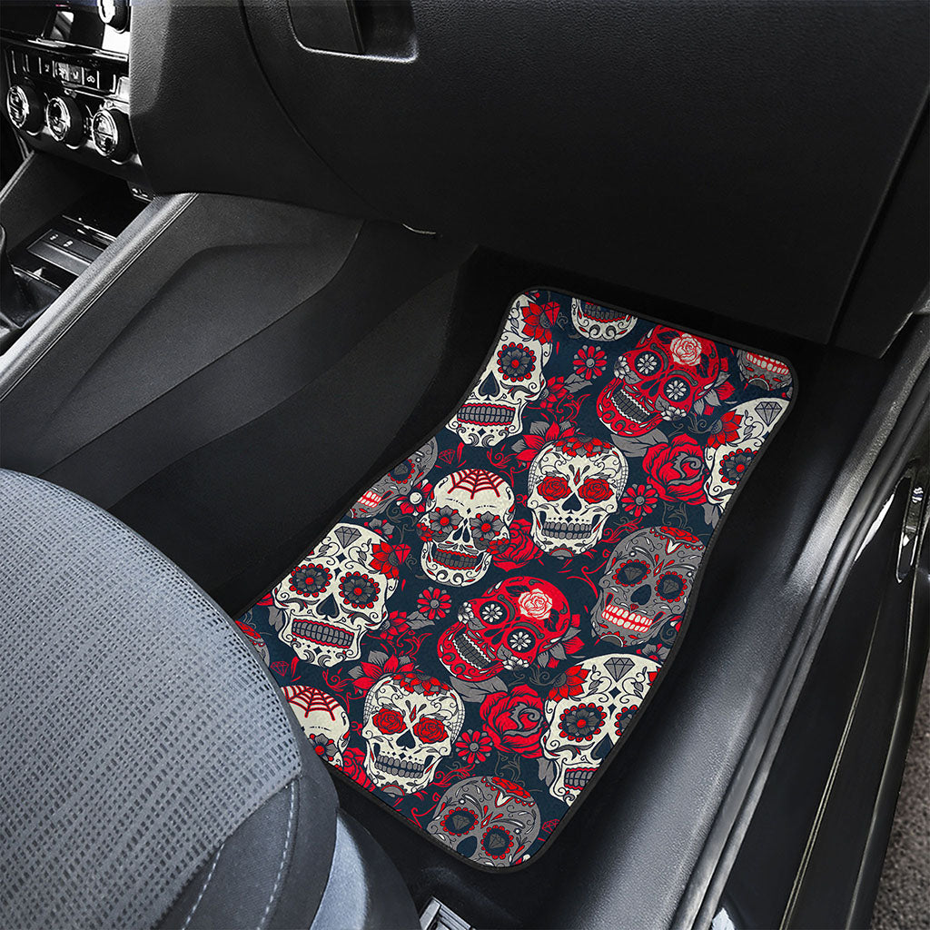 White Red Sugar Skull Pattern Print Front and Back Car Floor Mats