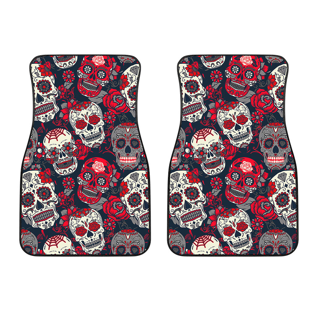 White Red Sugar Skull Pattern Print Front Car Floor Mats