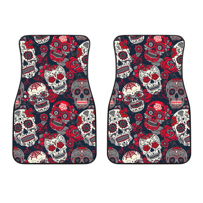 White Red Sugar Skull Pattern Print Front Car Floor Mats