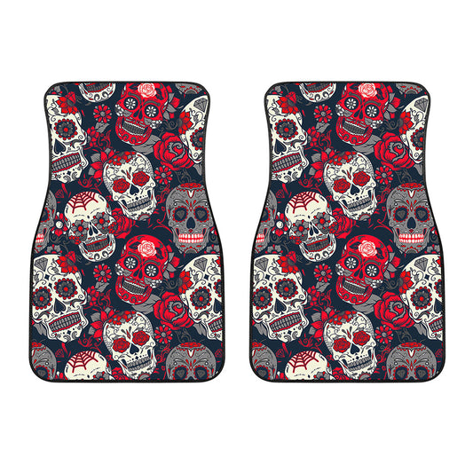 White Red Sugar Skull Pattern Print Front Car Floor Mats
