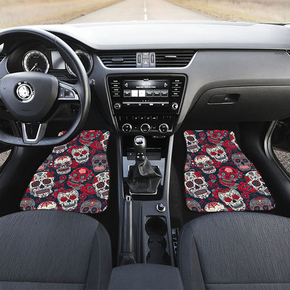 White Red Sugar Skull Pattern Print Front Car Floor Mats
