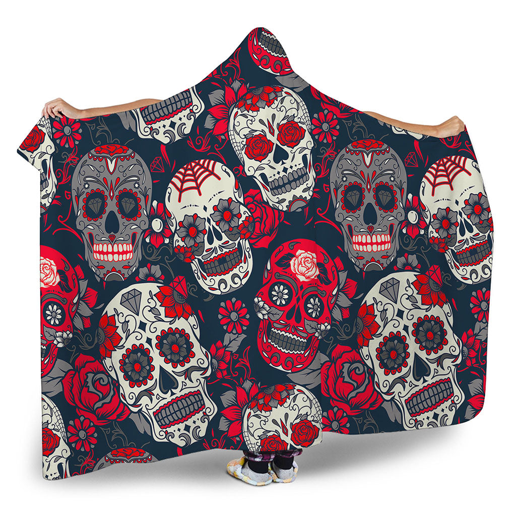 White Red Sugar Skull Pattern Print Hooded Blanket