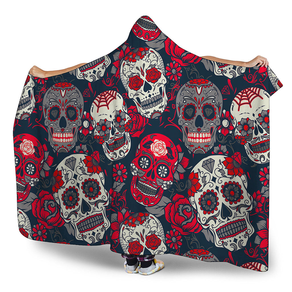 White Red Sugar Skull Pattern Print Hooded Blanket
