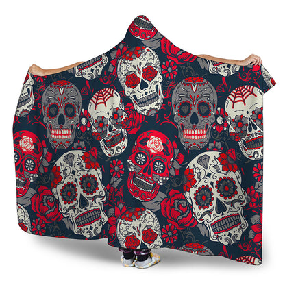 White Red Sugar Skull Pattern Print Hooded Blanket