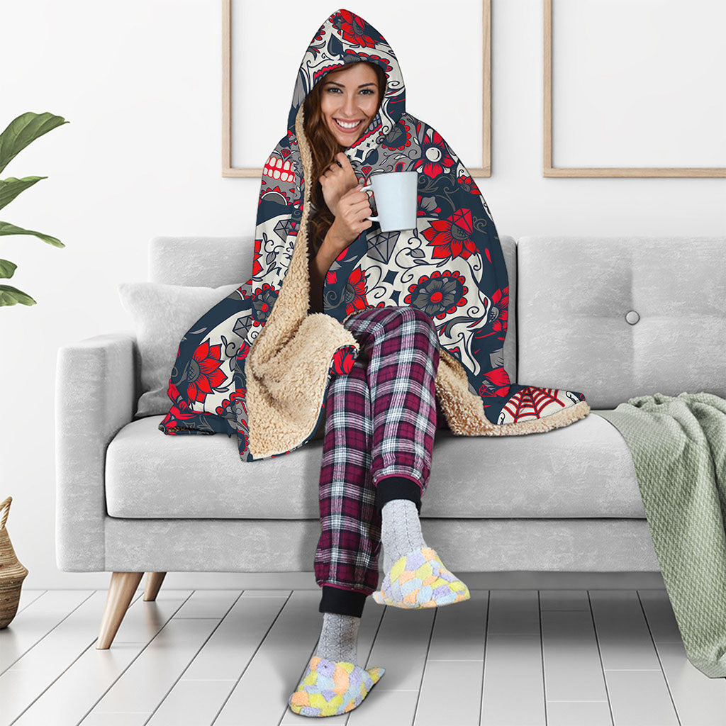 White Red Sugar Skull Pattern Print Hooded Blanket