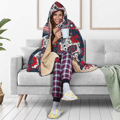 White Red Sugar Skull Pattern Print Hooded Blanket