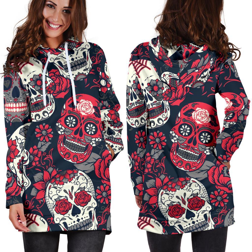 White Red Sugar Skull Pattern Print Hoodie Dress GearFrost