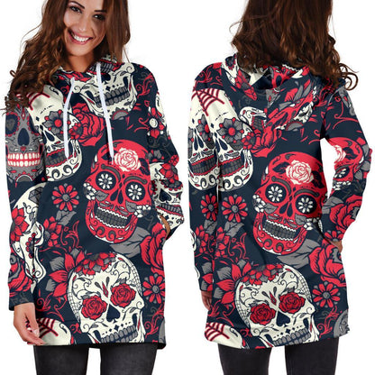 White Red Sugar Skull Pattern Print Hoodie Dress GearFrost